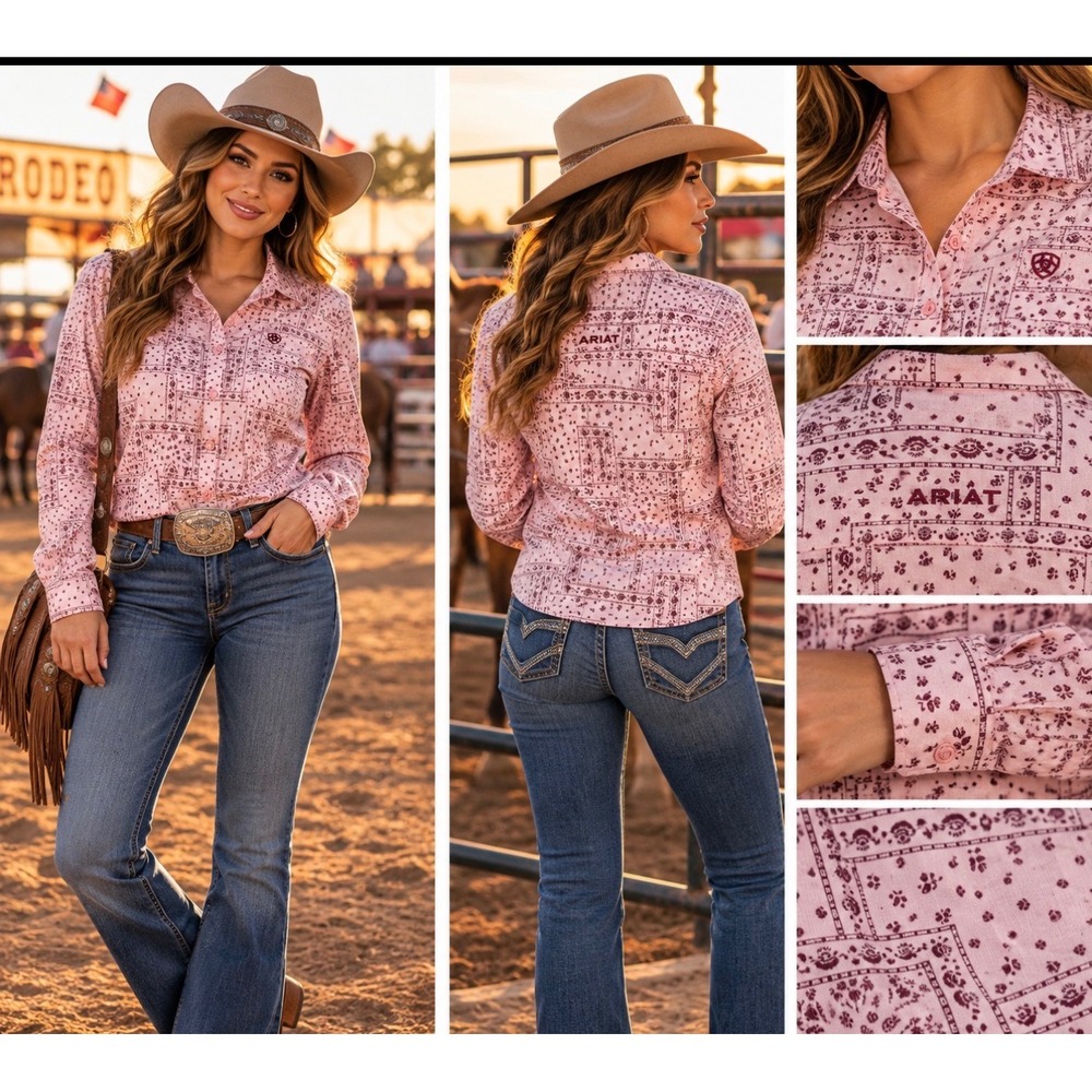Ariat REAL Womens Pink Bandana Print Fitted Western Button Large Rodeo Country